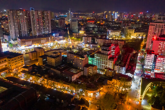 航拍云南昆明老街夜景历史街区