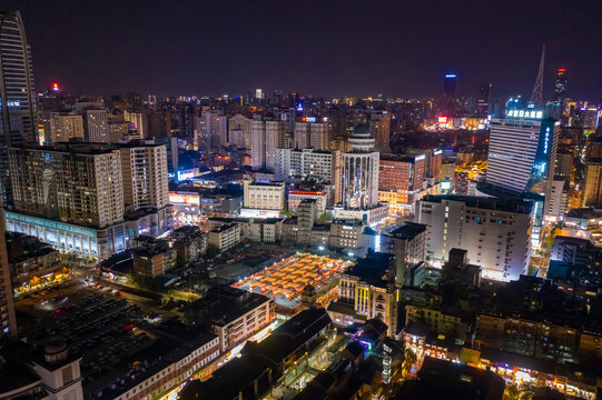 航拍云南昆明老街夜景历史街区