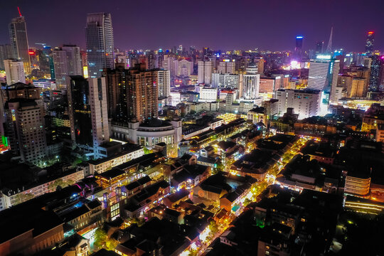 航拍云南昆明老街夜景历史街区