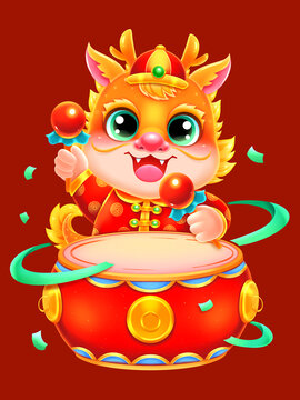傳統(tǒng)龍年年畫打鼓龍