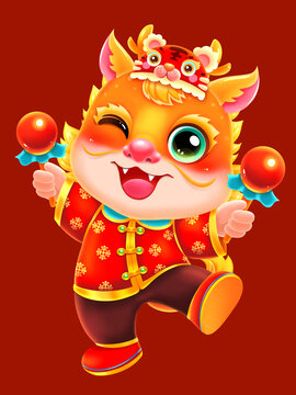 傳統(tǒng)龍年年畫虎頭帽打鼓龍