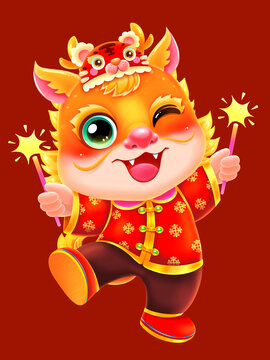 傳統(tǒng)龍年年畫虎頭帽揮炮竹龍