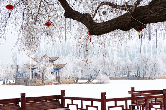 冬季湖心岛古亭雪景