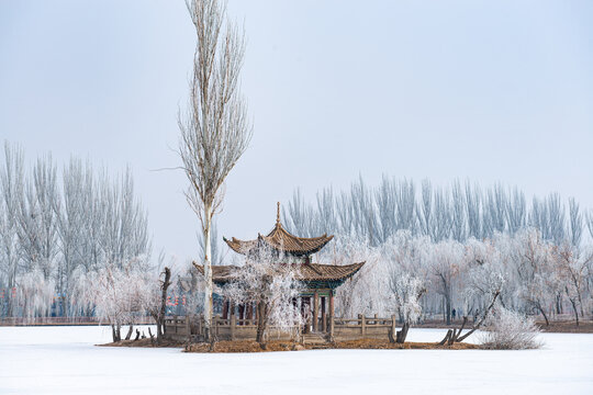 结冰湖泊中小岛古亭雪景