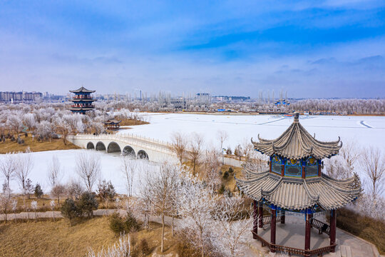 酒泉天马湖湿地公园雾凇雪景