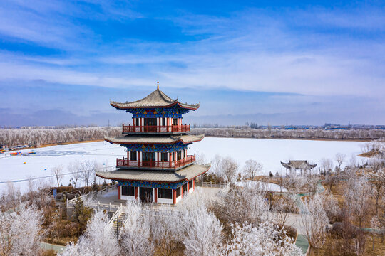 酒泉天马湖湿地公园雾凇雪景