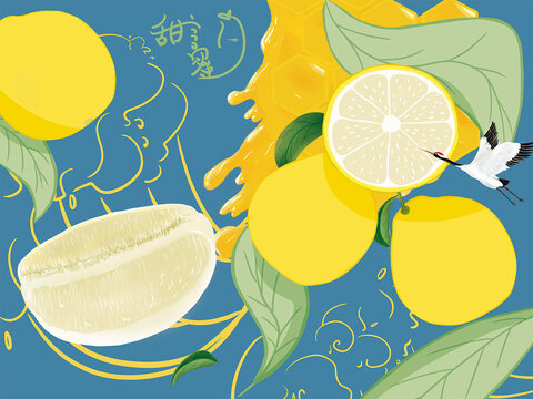 手绘中国风蜂蜜柚子茶包装插画