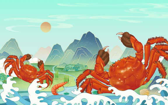 國(guó)潮中國(guó)風(fēng)山水大閘蟹手繪插畫