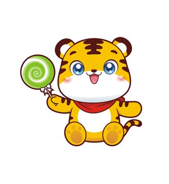 卡通可愛小老虎拿棒棒糖