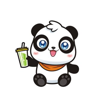 卡通可爱熊猫喝奶茶