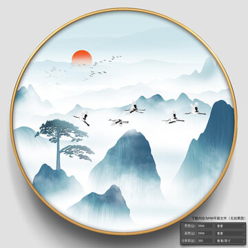 迎客松圓形山水畫