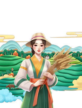 手繪鮮族女孩大米包裝插畫