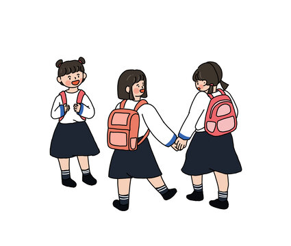 手拉手女孩去上學(xué)插畫
