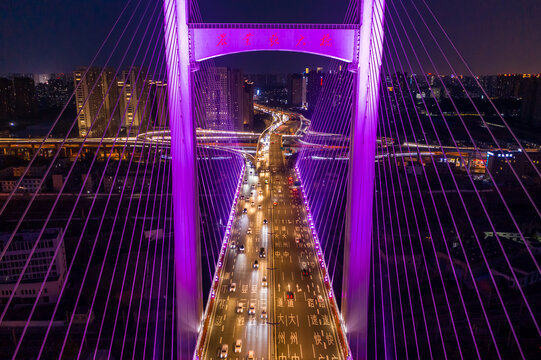 航拍郑州农业路大桥夜景灯光秀