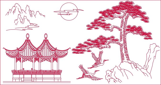 青松雙亭圖