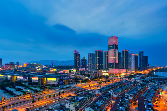 义乌CBD城市地标夜景风光