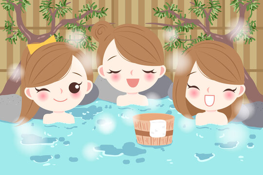 閨蜜一起泡露天溫泉 卡通風(fēng)插圖