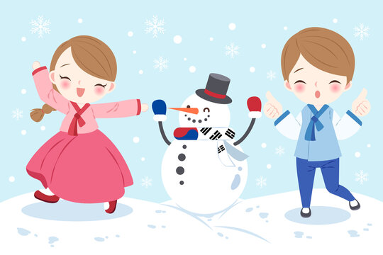 卡通風(fēng)韓服情侶在雪人旁玩雪插圖