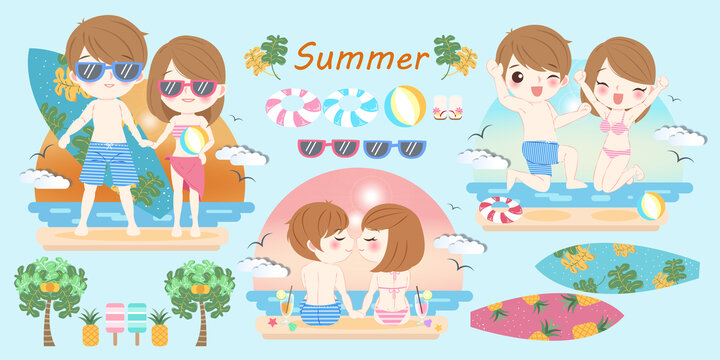 卡通情侶夏天在海邊旅游插圖素材