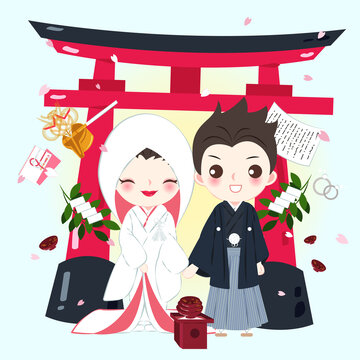 鸟居前的日本传统婚礼仪式插图