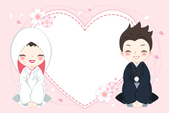 卡通日本傳統(tǒng)新婚夫婦跪坐 空白邀請函