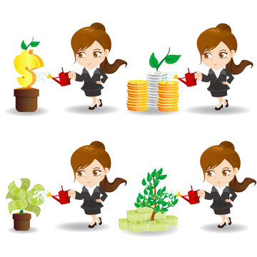 卡通風金錢盆栽豐收的商人 人物插圖素材