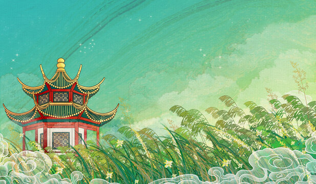 南京夫子廟國(guó)風(fēng)背景插畫橫版