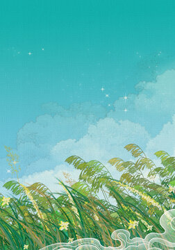 中国风植物自然天空插画竖版
