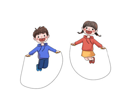 長(zhǎng)袖男孩小女孩開(kāi)心笑跳繩元素