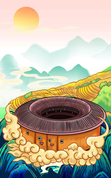 福建土樓插畫分層