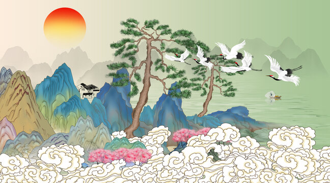 迎客松國潮山水插畫