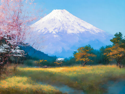 手绘富士山风景画