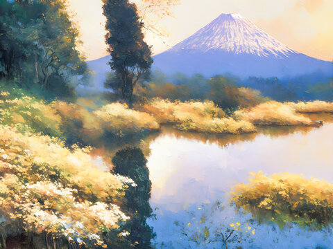 富士山風景油畫