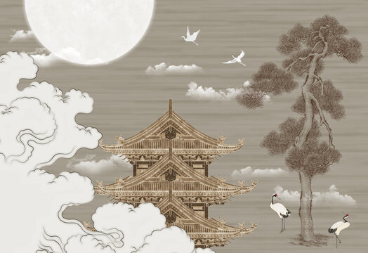 新中式祥云閣樓建筑背景墻
