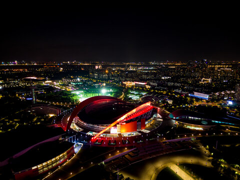 江苏南京河西奥体中心航拍夜景