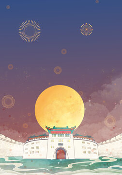 洛陽(yáng)古建筑國(guó)風(fēng)插畫(huà)麗景門(mén)豎版