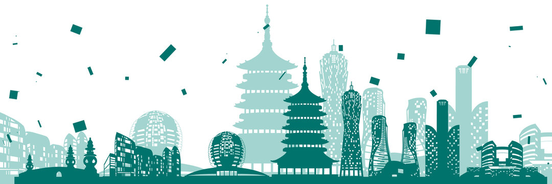 杭州城市建筑地標剪影插畫
