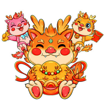 國(guó)潮龍年三只龍抱元寶