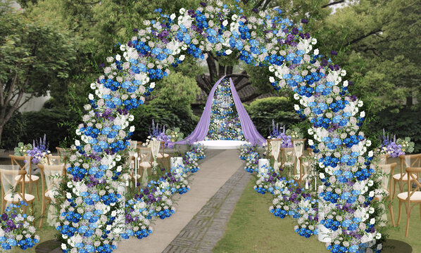 户外大树紫蓝色婚礼布置