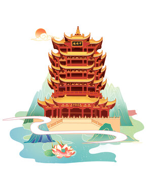 武漢黃鶴樓插畫分層