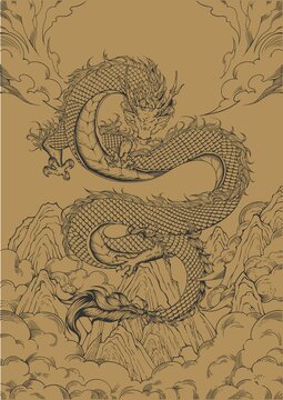 中國龍線稿手繪龍圖騰矢量圖
