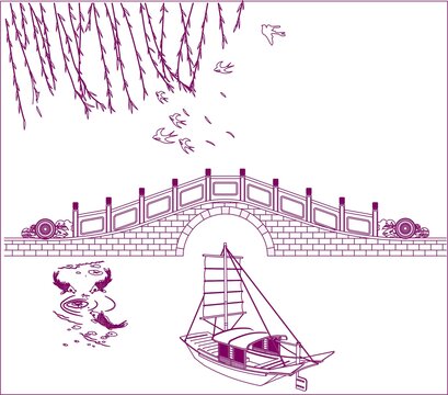 扬州西湖拱桥帆船图