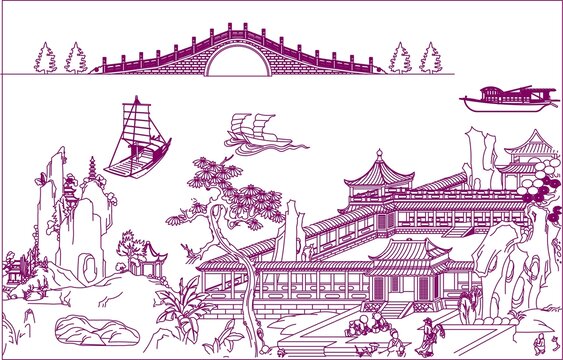 江南宮廷拱橋帆船圖
