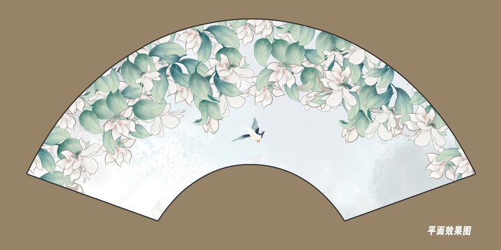 折扇水彩花鸟插画