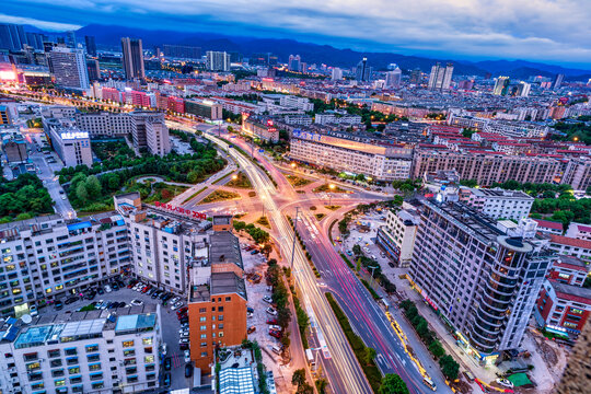 义乌道路交通夜景车流风光