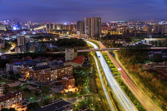 义乌国贸大道道路交通车流夜景