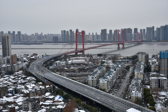 武汉鹦鹉洲长江大桥风光雪景