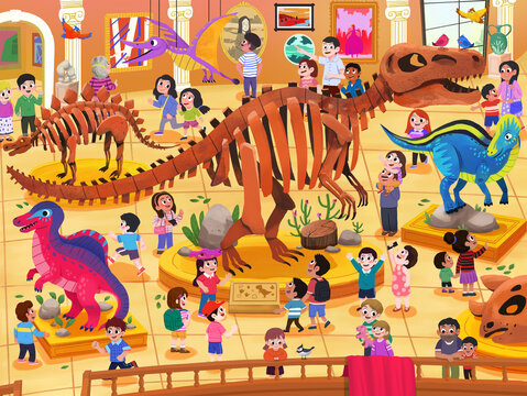 卡通恐龙化石博物馆拼图插画