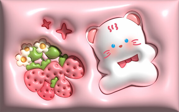 貓咪草莓膨脹圖案