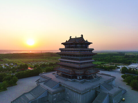 航拍运城永济鹳雀楼夕阳黄河